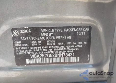 2011 BMW 328I xDrive z USA, uszkodzony, nr VIN WBAPK7G52BNN78431